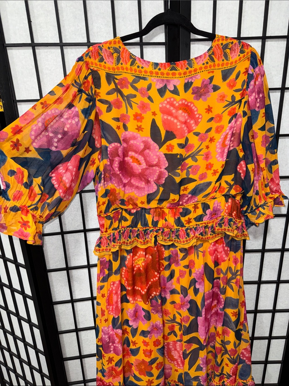 FARM Rio Ruffled Floral Print Georgette Maxi Dress Marigold XL NWOT - Picture 13 of 16